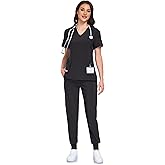 IONARD Scrubs for Women Set - V-Neck Scrub Top & Jogger Pant with 10 Pockets, 4 Way Stretch Nurse Uniform