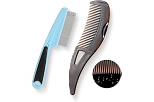 OPTISAKE Dandruff Comb, Stainless Steel Fine Tooth Lice/Flea Comb, Psoriasis Comb, Scalp Oil Buildup Removal Wide Hollow Tooth Button Hairbrush for Scalp Massage Care for Man Women and Kids, Set of 2 (Blue)
