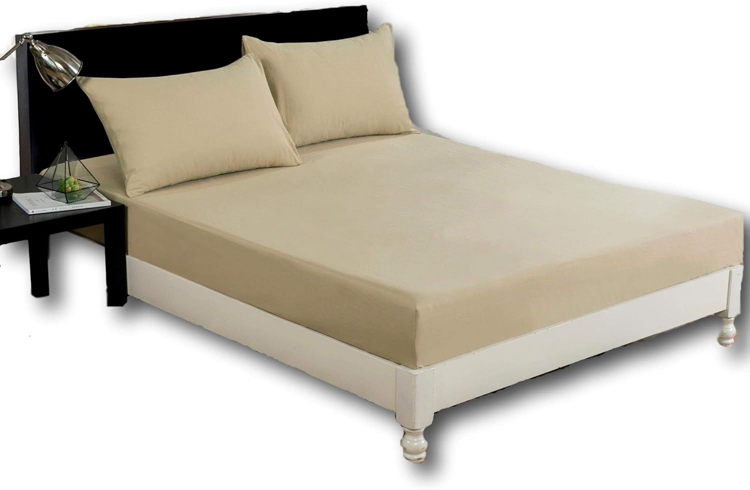 DaDa Bedding Luxury Soft Cotton Fitted Sheet - Neutral Solid Sandy Beige Tan - Soft w/Pillow Cases Set - Queen - 3-Pieces
