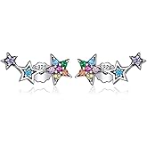 Qings 925 Sterling Silver Stars Earrings, colorful Cubic Zirconia Climber Earrings Hypoallergenic Stud Earrings for Women, Gift boxed