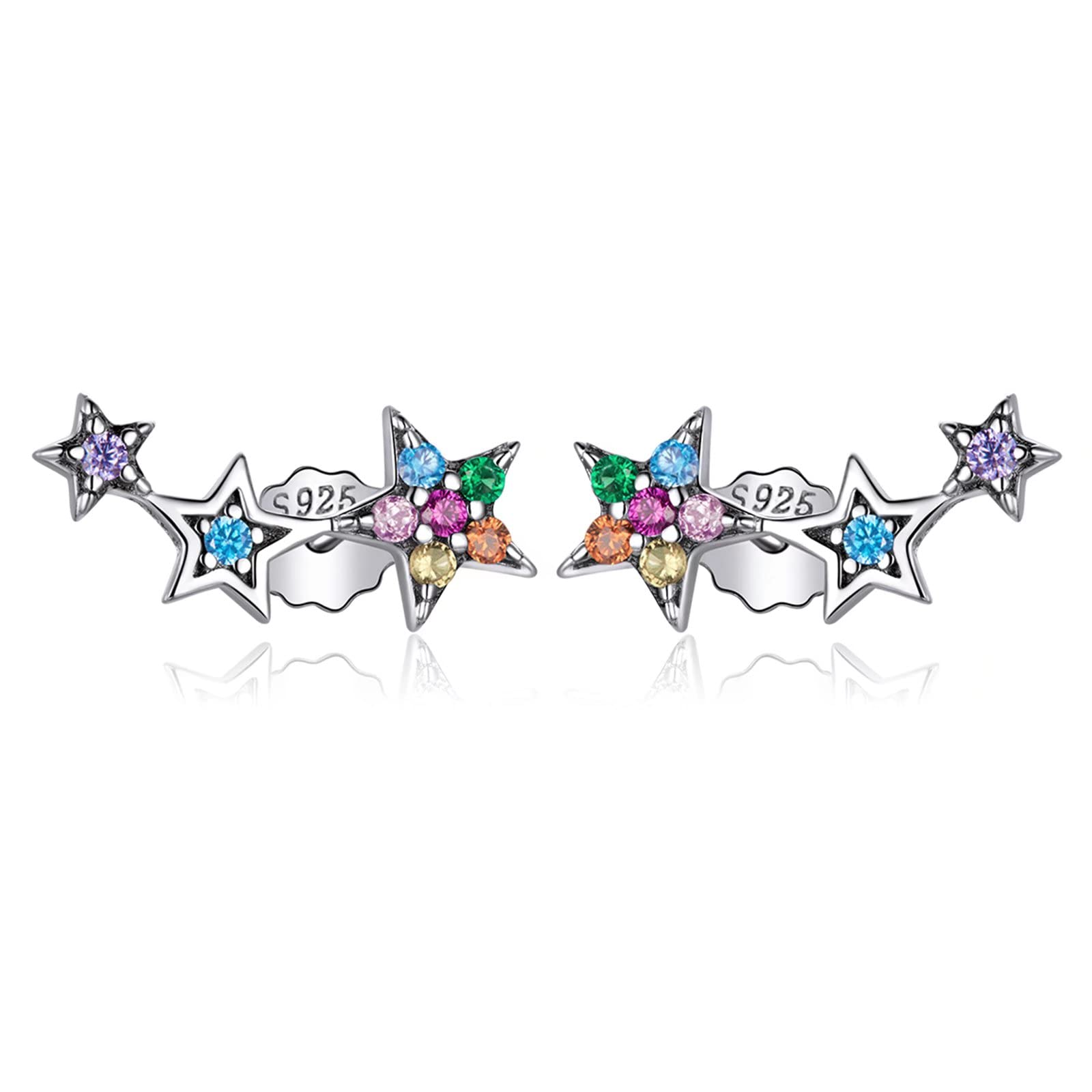Qings Colorful Star Earrings, 925 Sterling Silver 3 Stars Stud Earrings Cubic Zirconia Crystal Hypoallergenic Climber Earrings Jewelry Gifts for women Girls Teens