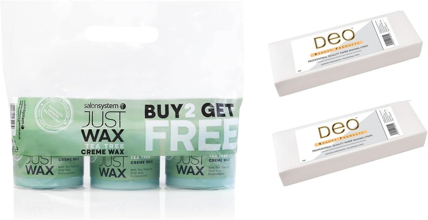 Salon System Just Wax Tea Tree Creme Wax - 3 for 2 and Deo Fine Paper Wax Strips (200)