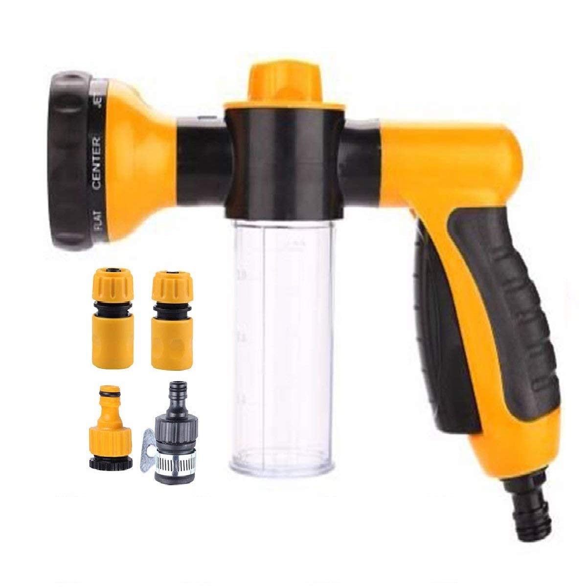 MALAYAS Garden Hose Nozzle - Multifunctional Foam Water Spray Gun - 8 Adjustable Patterns, Built-in Soap Dispenser, Water Saving - Ideal for Car Washing, Garden/Lawn Watering, Pets Washing (Yellow)