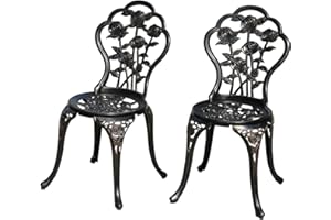 KAILI Rose Garden Cast Aluminum Bistro Chairs, Decorative Outdoor Patio Seating, Set of 2, White and Black (Rose Chair Bronze)