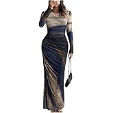 BEAUDRM Women's Fall Wedding Guest Dress Long Sleeve Cocktail Date Night Sexy Y2K Bodycon Ruched Mesh Formal Maxi Dresses