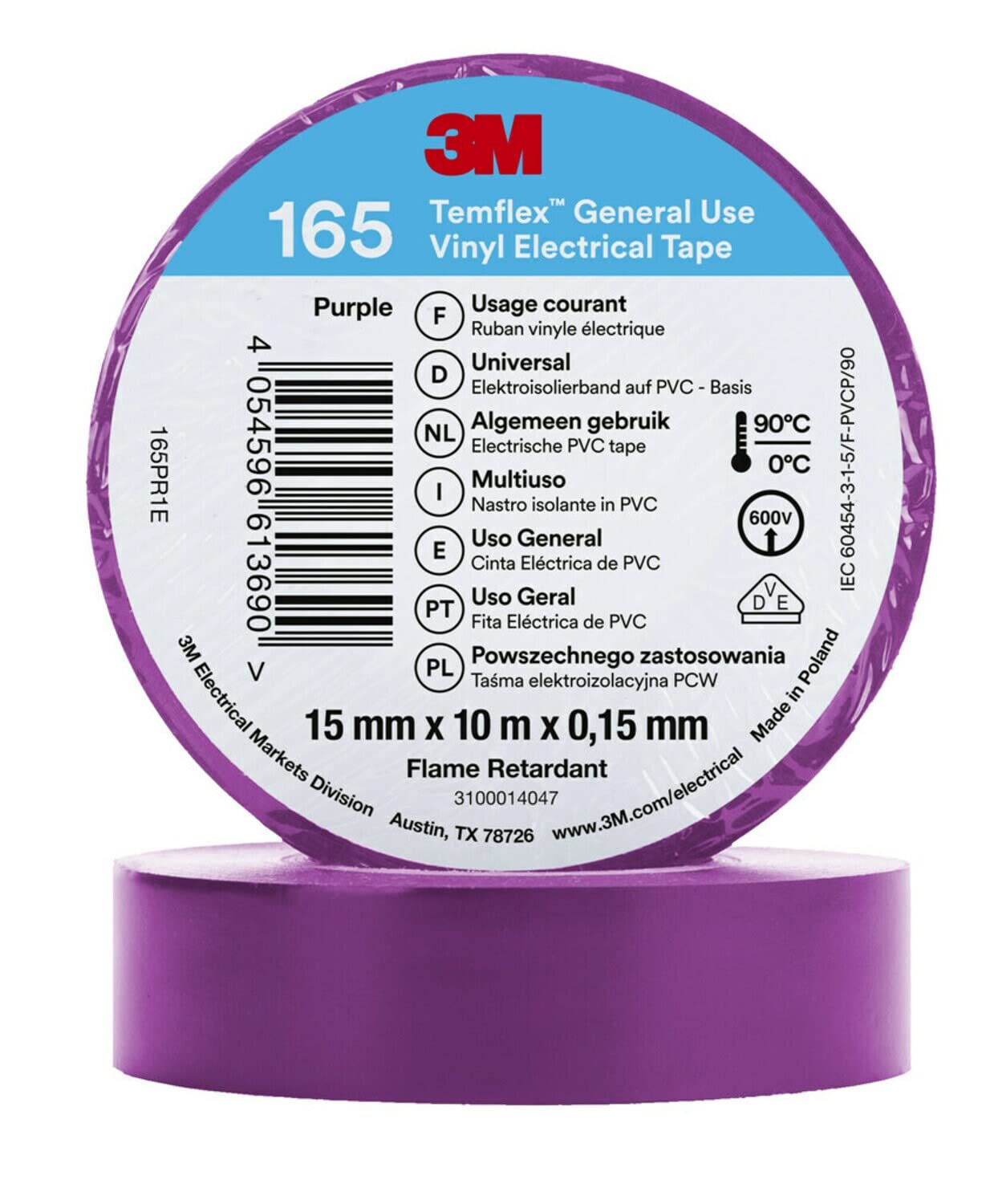 Temflex 3M Vinyl Electrical Tape 165, Purple, 15 mm x 10 m, 100 Rolls/Case