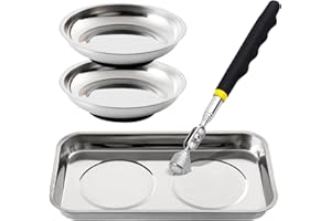 Rechabite 3 Pieces Magnetic Trays with 8LBs Telescoping Magnetic Pick-up Tool Set, 9.5" Rectangle, 2 Pieces 4" Stainless Steel Magnet Parts Tray for Screws, Sockets, Bolts, Mechanic's