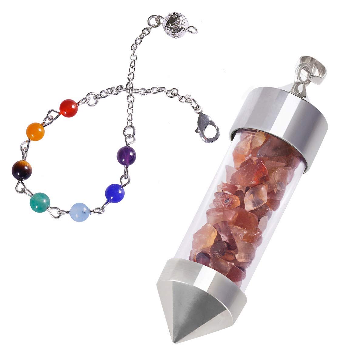 mookaitedecor Carnelian Crystal Pendulum Bottle Crystal Pendant Necklace Chips Crystal Point Pendulum for Dowsing Scrying Divination Reiki Healing Crystal Pendulum with 7 Chakra Bead Chain