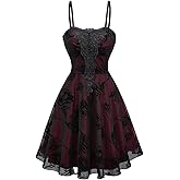 Rgothic Gothic Rose Flower Mesh Flocking Applique Layered Adjustable Shoulder Strap A Line Cami Dress