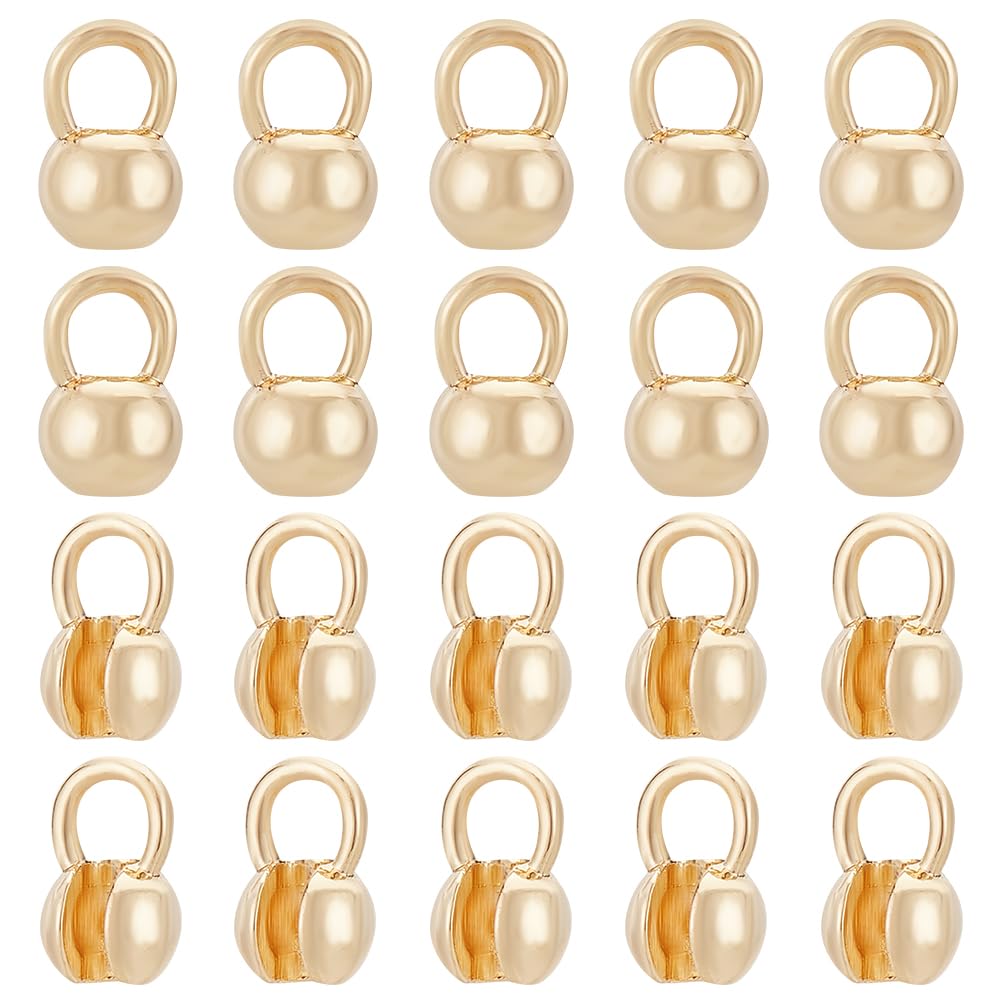 BENECREAT 20Pcs Real 14K Gold Plated Crimp Ends, Round Brass Bead Tips Calotte Ends, Clamshell Knot Cover for Jewelry Making DIY Findings Crafts, Hole: 2mm