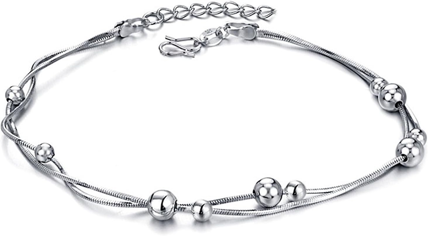 Mmiiss Multi Layer Chain Anklets with Small Beads 925 Sterling Silver Fashion Anklets for Woman
