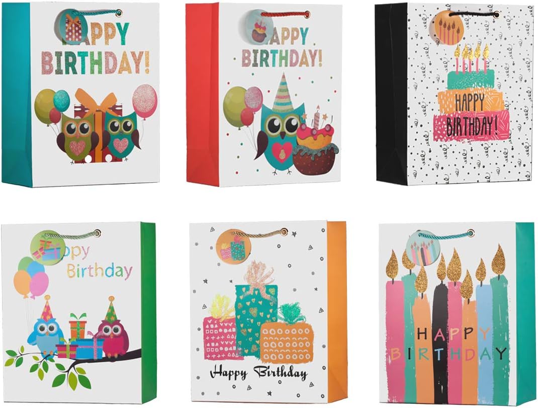 ViiGift Premium Large Birthday Gift Bags with Glitters and Tags - A Complete Set. Includes 6 glittered gift bags with tags, 6 matching birthday greeting cards, 6 envelops, 18 tissue papers.