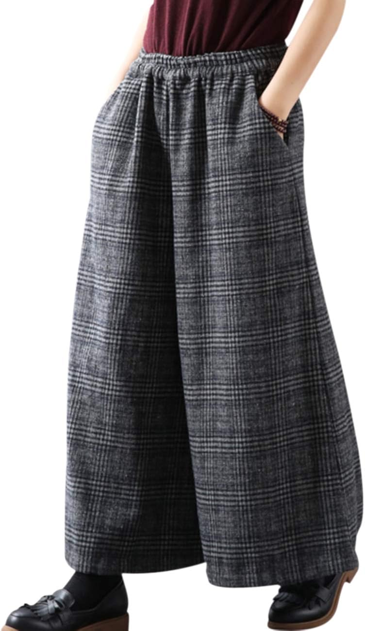 YESNO PK5 Casual Loose Wide Leg Wool Blend Checked Pants Elastic Waist Relaxed Trousers PK5 /Pockets: Clothing