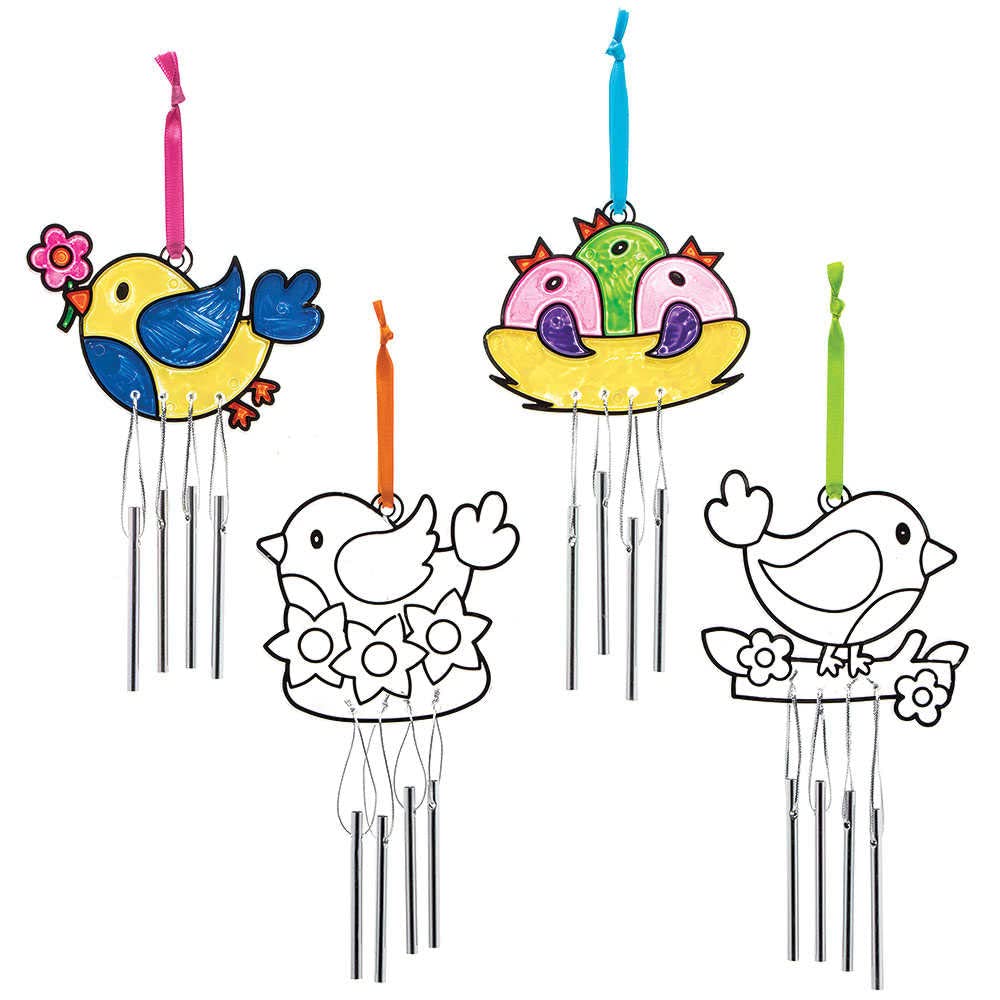 Baker Ross FC691 Bird Suncatcher Windchimes - Pack of 4, Painting Craft Kit for Kids, Stained Glass Window Crafts
