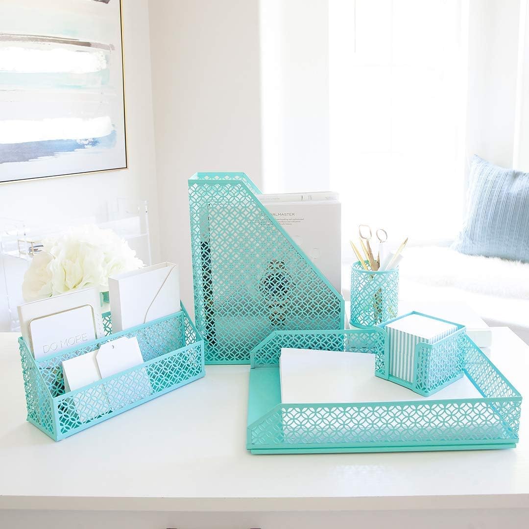 Aqua - Teal 5 Piece Cute Desk Organizer Set - Desk Organizers and Accessories for Women - Cute Office Desk Accessories - Desktop Organization : Office Products