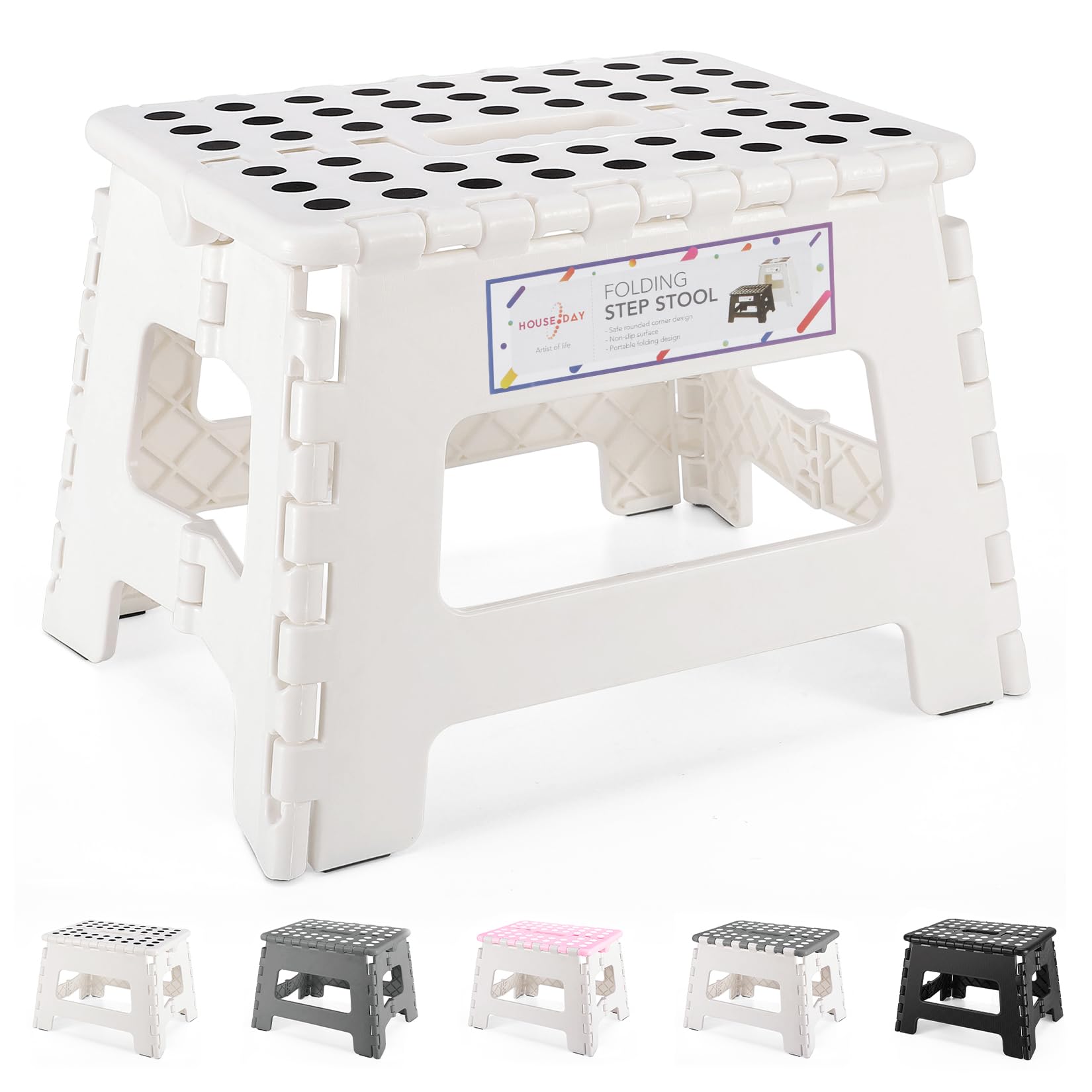 HOUSE DAY Folding Step Stool 9 Inch, Sturdy Foldable Stool with Carry Handle, Collapsible Step with Non-Slip Surface for Kids And Adults, Portable & Compact Design for Kitchen, Bathroom, Camping-White