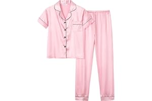 UNICABBIT21 Satin Summer Pajamas for Big Girls Unisex Kids Silk Button Down Short Sleeve & Shorts PJS Size 8-16