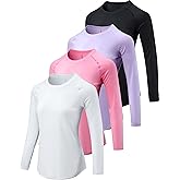 4-Pack: Womens Long Sleeve Athletic Tops with Thumb Holes – Dry Fit Active Crewneck Workout Tees