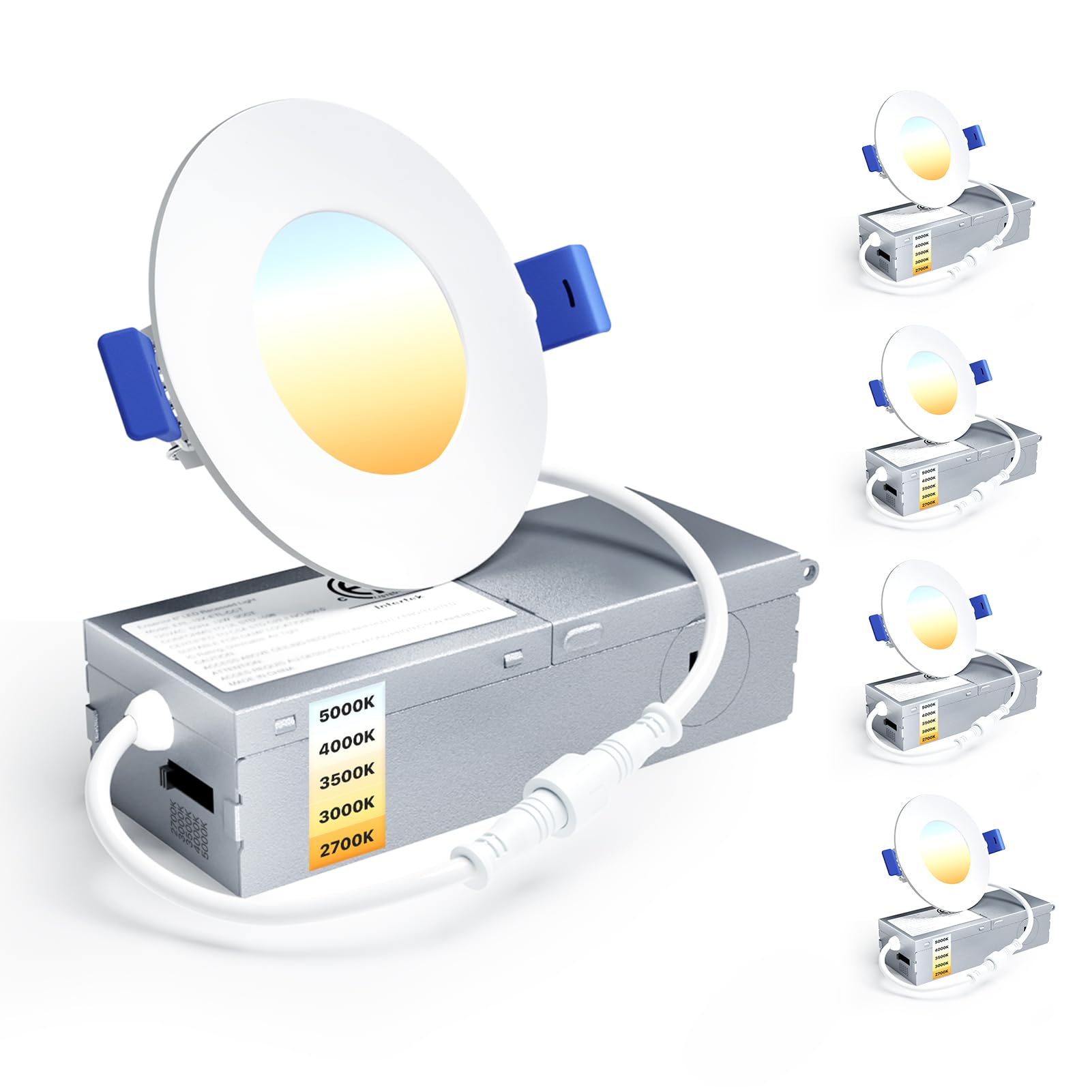 Ensenior 4 Pack 3 Inch LED Recessed Light, Dimmable, 2700K-5000K 5CCT, 500LM High Brightness, 6W 120V, Damp Rated, Ultra-Thin Canless Wafer Light - ETL & FCC & IC Image