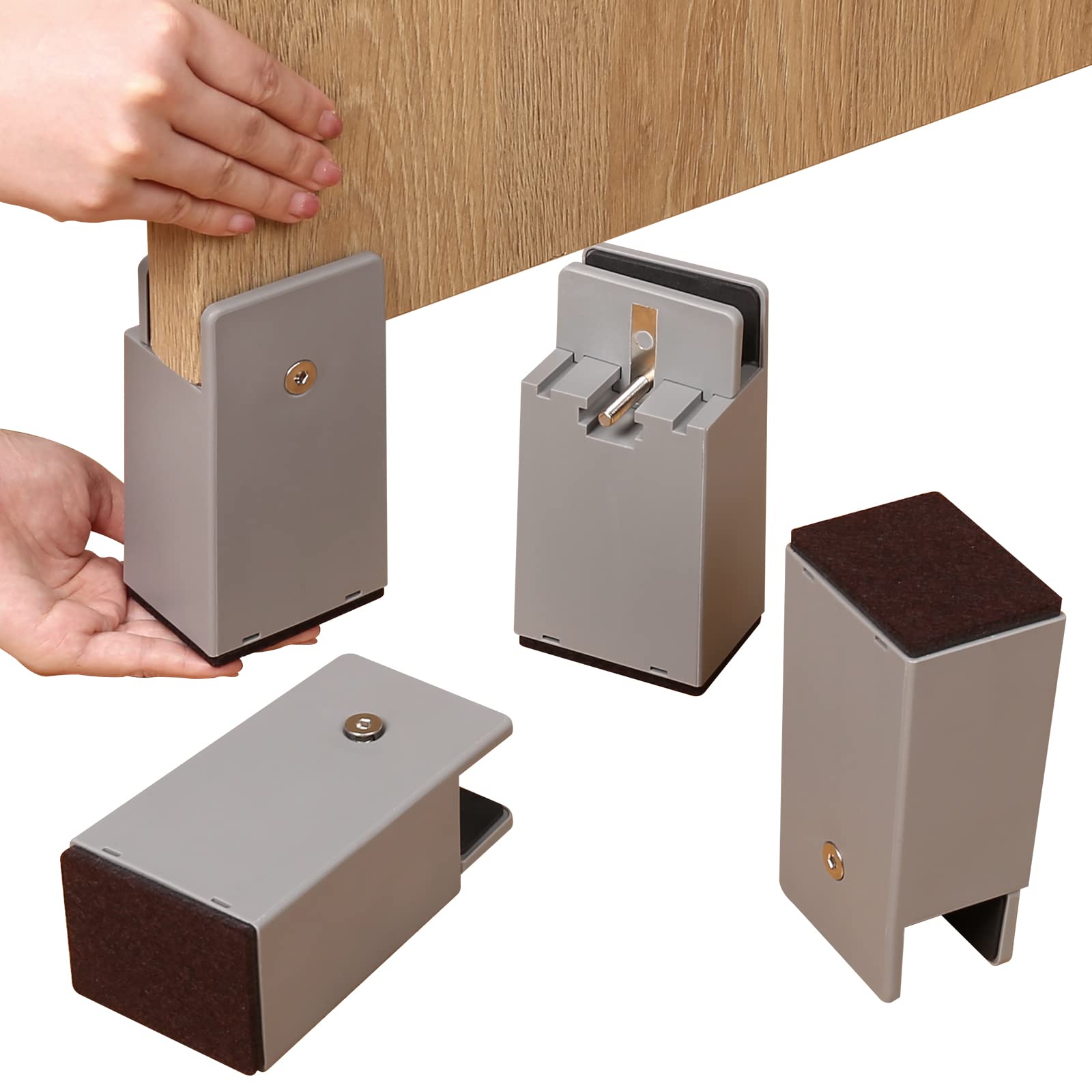 Ezprotekt Adjustable Bed and Furniture Risers with Screw Clamp, 4 Inch Heavy Duty Sofa Tables Chair Risers, fit Square/Round Chair Leg Diameter from 0''–1.5'', Supports 20,000 lbs (Grey, 4 Pack)