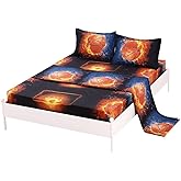 SDIII 4Pcs Fiery Basketball Sheet Set Twin, Basketball with Special Effects Sheet Set, Super Soft Microfiber, Wrinkle and Fade Resistant, for Boys Men and Basketball Sports Lovers, Twin