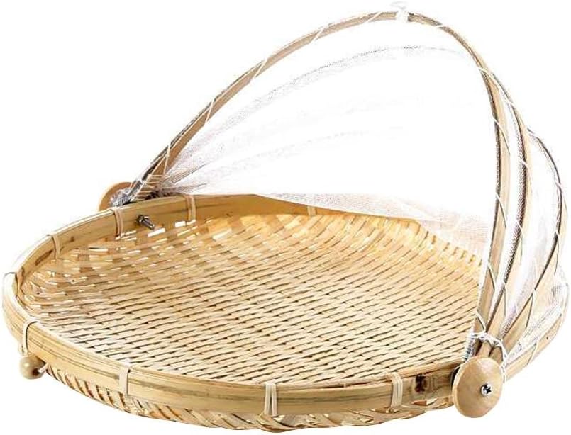 Hand-woven Bread Basket with bamboo - Fruit Picnic Basket with Gauze Insect control - Hand-woven Pest Control Basket - Dustproof Sun Basket - Handmade