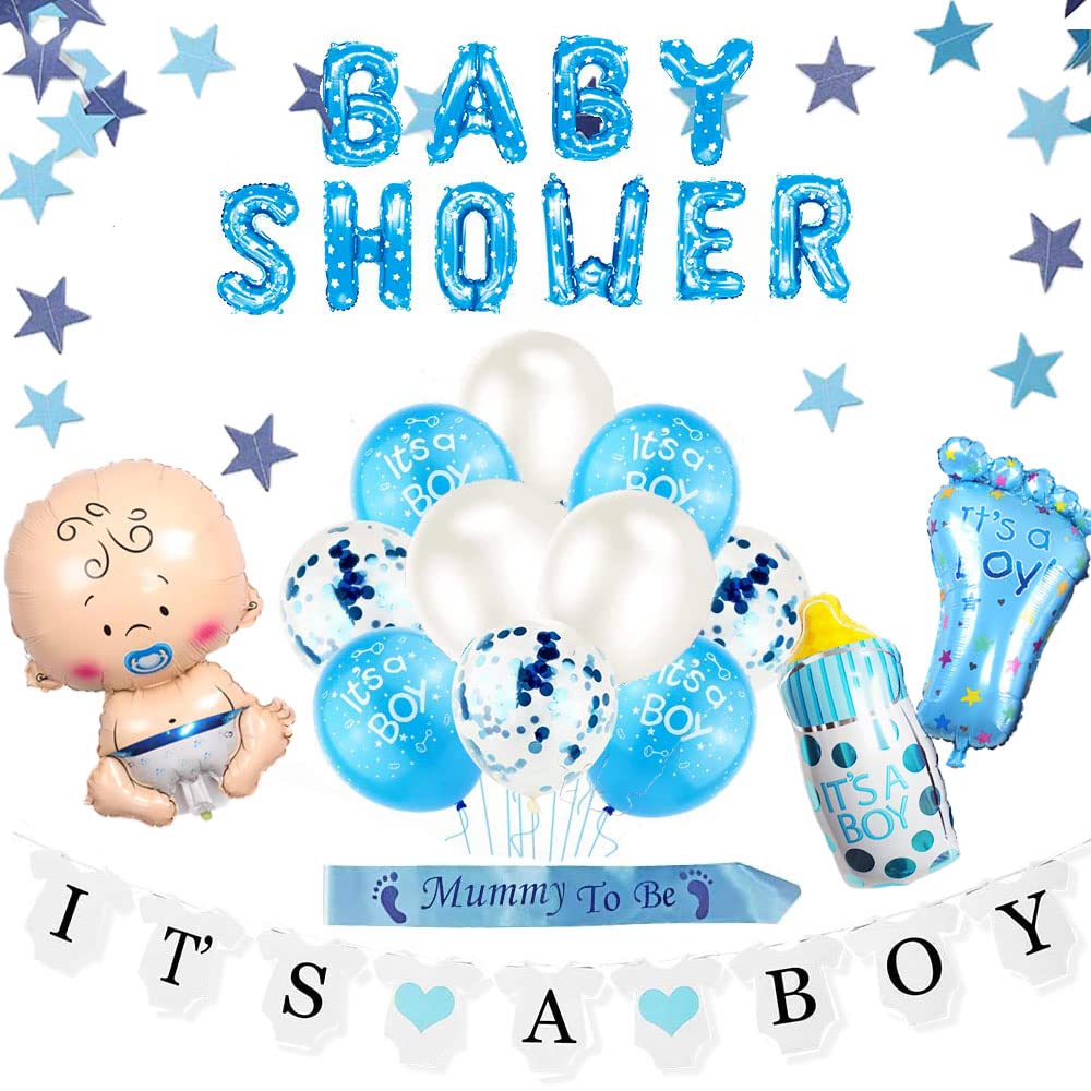Baby Shower Decorations for Boy, 10 Baby Boy Shower Blue Balloons Set, Its a Boy Banner, Mummy to Be Sash, Blue Baby Shower Foil Balloon Banner for Gender Reveal Party