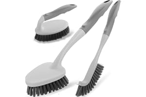 MGITECY 3 Pack Heavy Duty Scrub Brush Set for Household Use, Long Scrub Brush, Handheld Scrub Brush, and Crevice Brush with a Scraper Head for Cleaning Bathroom, Tile, Grout, Tub, Floor, Sink
