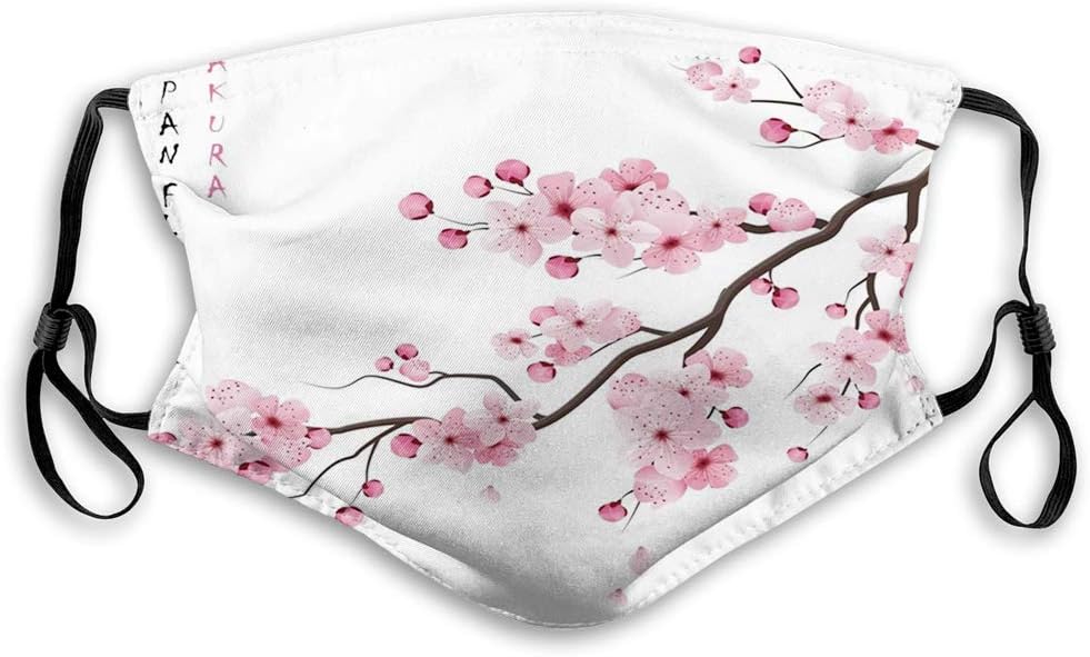 Comfortable Printed mask,Asian, Illustration of Japanese Cherry Branches with Blooming Flowers Spring Themed Boho Art,Pink White,Windproof Facial decorations for Teens Size：S
