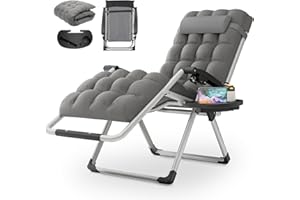 MoNiBloom Beach Chaise Lounge Chair, Patio Folding Recliner with Removable Cushion, Headrest & Tray, Portable Tanning Sunbathing Chair for Poolside Beach Porch Yard, Reinforced Bar, 330lbs Grey