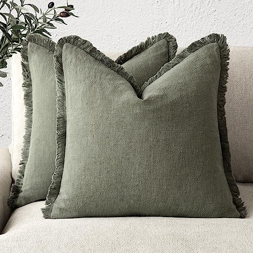 Foindtower – Set of 2 Decorative Linen Throw Pillow Covers with Fringe, Cosy Boho Cushion Covers for Couch, Sofa, Bed, Living Room, Home Decor, 46 x 46 cm, Olive Green