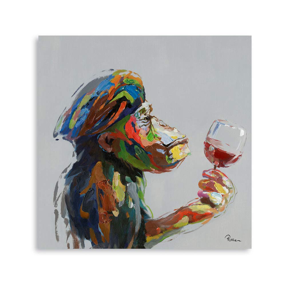 Monkey Wall Art Canvas Thinking: Monkey Painting on Canvas Drinking Wine Wall Decor for Living Room Office Framed Ready to Hang (30x30CM)