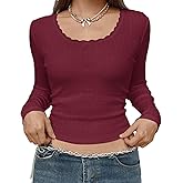 AKLOPVII Women Y2k Lace Patchwork Pointelle Long Sleeve Cropped T Shirts Cute Slim Fit Scoop Neck Bow Fall Crop Tee Tops