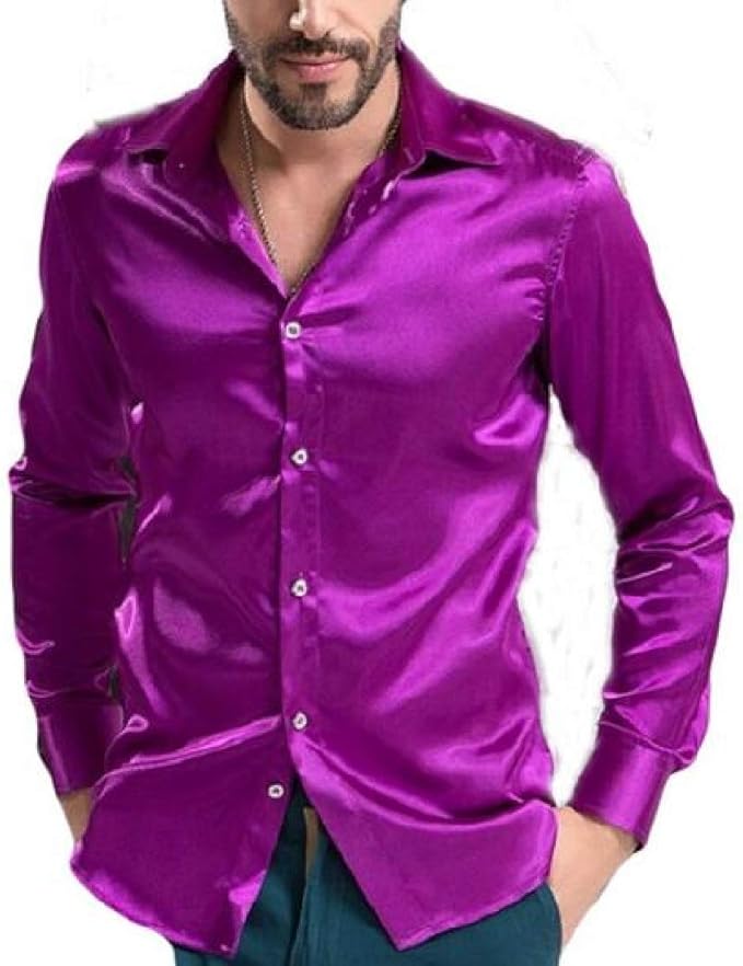 SELX Men Silk Satin Plain Button Up Long Sleeve Club Dance Prom Dress Shirt at Amazon Menâs 