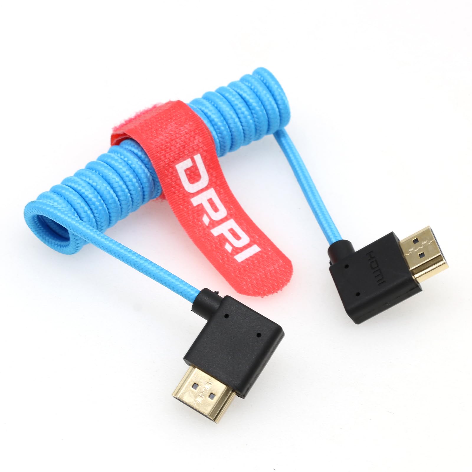 DRRI 8K/60Hz 4K/120Hz 48Gbps Right Angle HDMI to left angle HDMI Coiled Braided Blue Cable for Sony FX3 A7iv Canon C200 C300 C500 C70 to Portkeys LH5H monitor — image 1