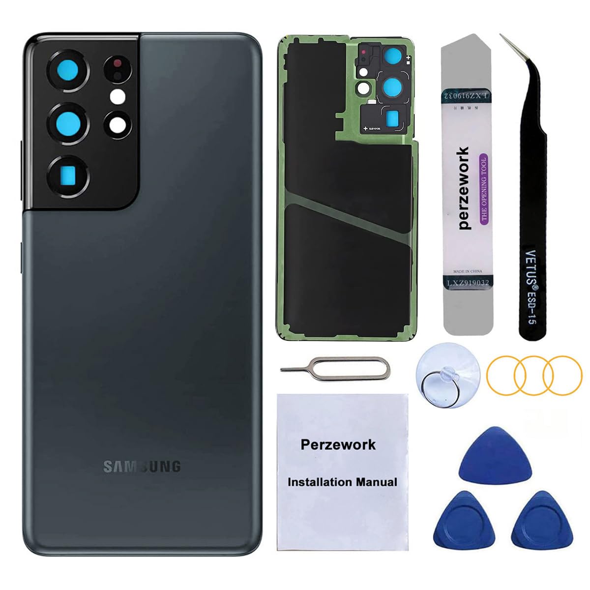 Perzework Rear Back Glass Replacement for Samsung Galaxy S21 Ultra 6.8-inches with Reparing Toolkit and Manual (Phantom Navy)