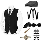 1920s Mens Costume Roaring 20s Halloween Costumes Men Outfit Accessories Set for Gatsby Party with Gangster Vest Bow Tie Hat