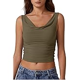 QINSEN Women's Cowl Neck Top Sleeveless Ruched Double Lined Crop Top Y2k T Shirts