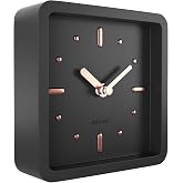 Driini Small Square Modern Desk Clock &ndash; Silent Analog, Black and Rose Gold | Polyresin body with a quiet battery movement &ndash; sized for an office shelf, nightstand or bathroom counter.