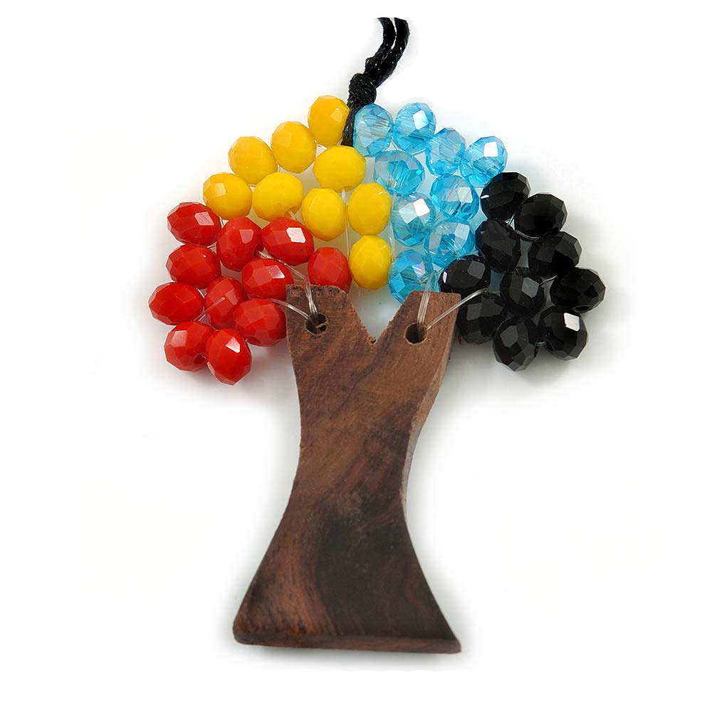 Avalaya Multicoloured Glass Bead/Brown Wood Tree Of Life Pendant with Black Cotton Cord - 76cm L