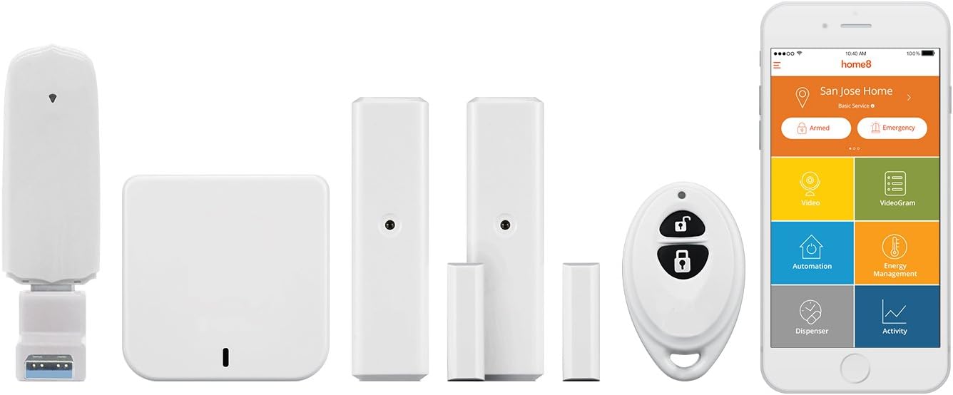 Home8 Wireless Security Alarm System (4 Piece Kit) Smart Collaborative, 2X Door Sensors, 1x Arm/Disarm/Panic Keyfob Remote, 1x Smart Hub, Alexa Integration