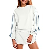 Fisoew Womens 2 Piece Outfits Casual Crewneck Tie Sweatshirt High Waisted Skort Skirts Workout Sweatsuit Lounge Sets