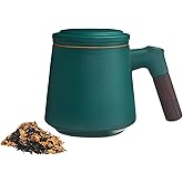 ZENS Tea Cup with Infuser and Lid, 11 oz Ceramic Steeper Mug for Loose Leaf Tea Lovers Gifts, Wood Handle Tea Strainers Green