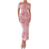 Floerns Women's Floral Print Off Shoulder Short Sleeve Ruched Bodycon Long Dress