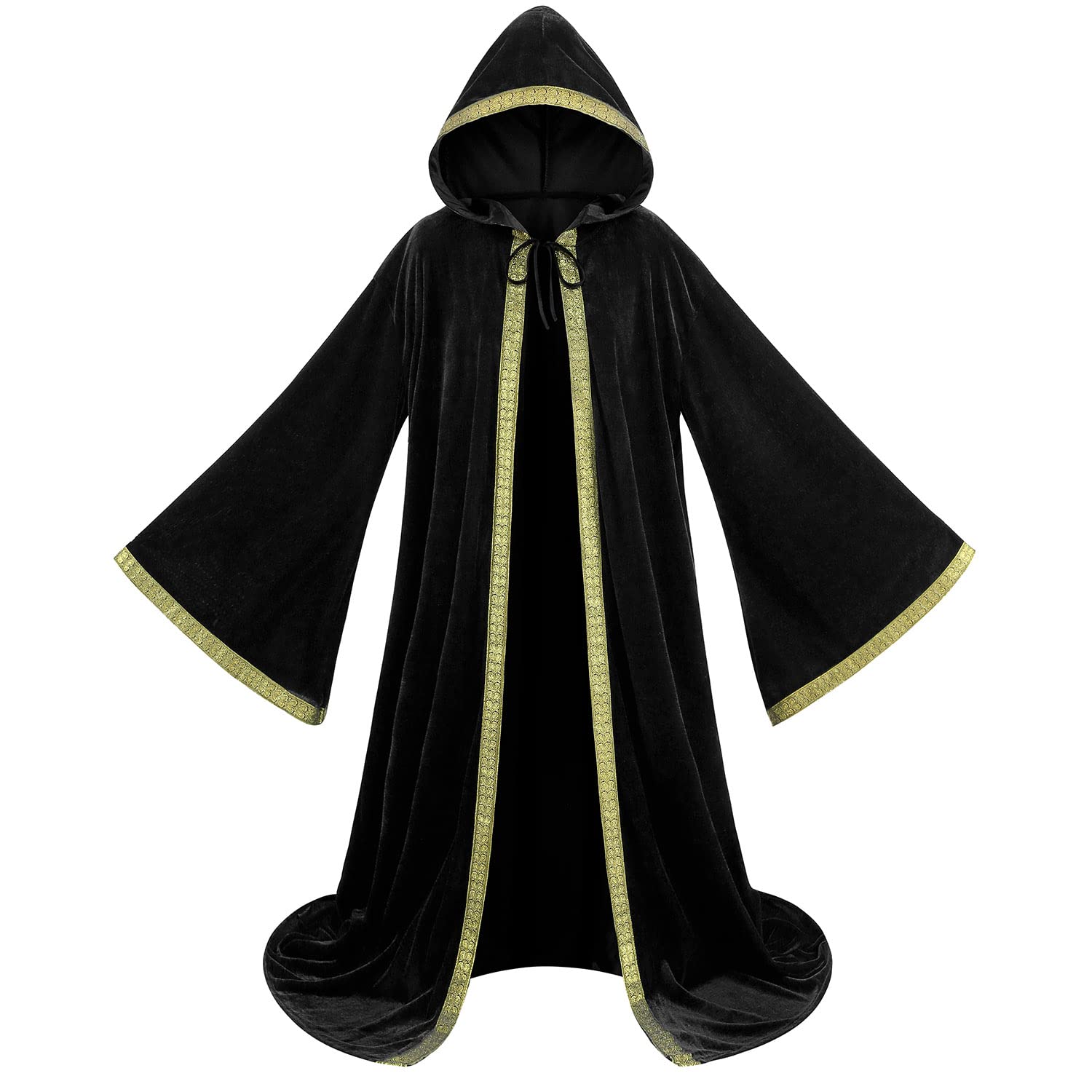 HAPNBCELE Wizard Robe Cloak with Hood Men Women, Renaissance Costume Medieval Velvet Cape Long Sleeve Halloween Dress Up (Black, 56 Inches/140cm) — image 1