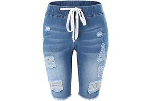 THUNDER STAR Womens Denim Ripped Bermuda Shorts Distressed Knee Length Stretch Short Jeans