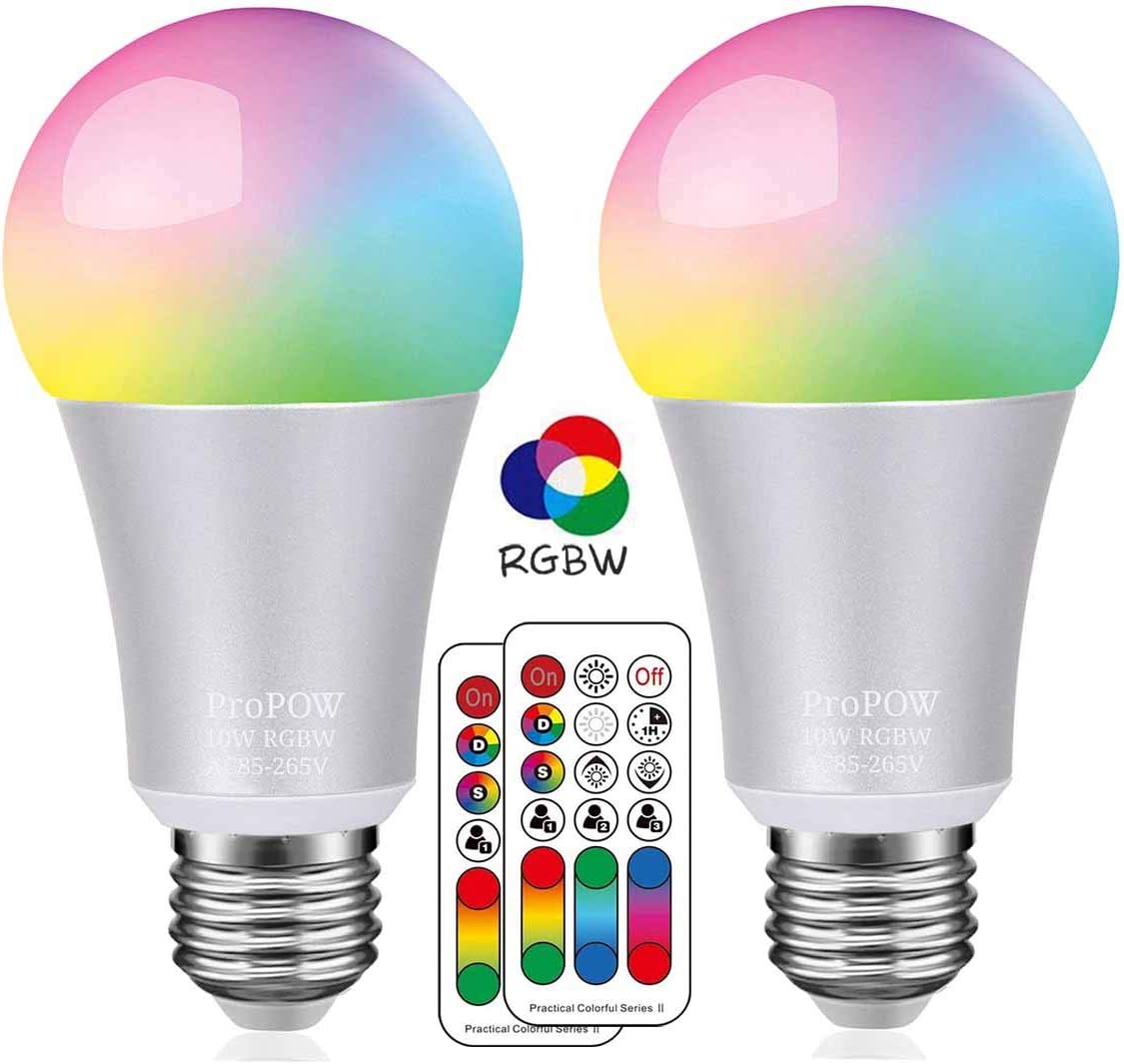Color LED Light Bulb,ProPOW 10W RGBW Color Changing Light Bulbs with IR Remote Control A19 E26 LED Night Light Bulbs Mood Light Bulb for Home Decor,Party(RGB+Soft White,Dimmable,2-Pack)