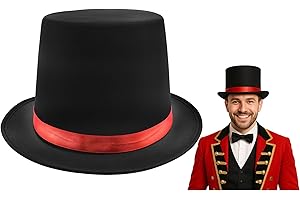 Nicky Bigs Novelties Adult Tall Large Black Satin Top Hat with Red Band Adjustable Size Caroler Snowman Circus Ringmaster Victorian Mad Hatter Baron Roaring 20s Magician Formal Costume Tuxedo Hats