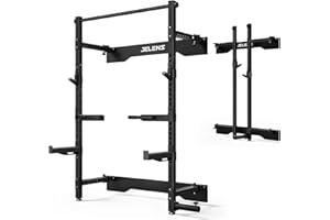JELENS Folding Squat Rack, Wall Mounted Power Rack for Home Gym, Space Saving Multi-Functional Power Cage with Attachments