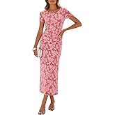 ZESICA Women's 2026 Summer Floral Bodycon Dress Short Sleeve Ruched Mesh Wedding Guest Cocktail Party Midi Dresses